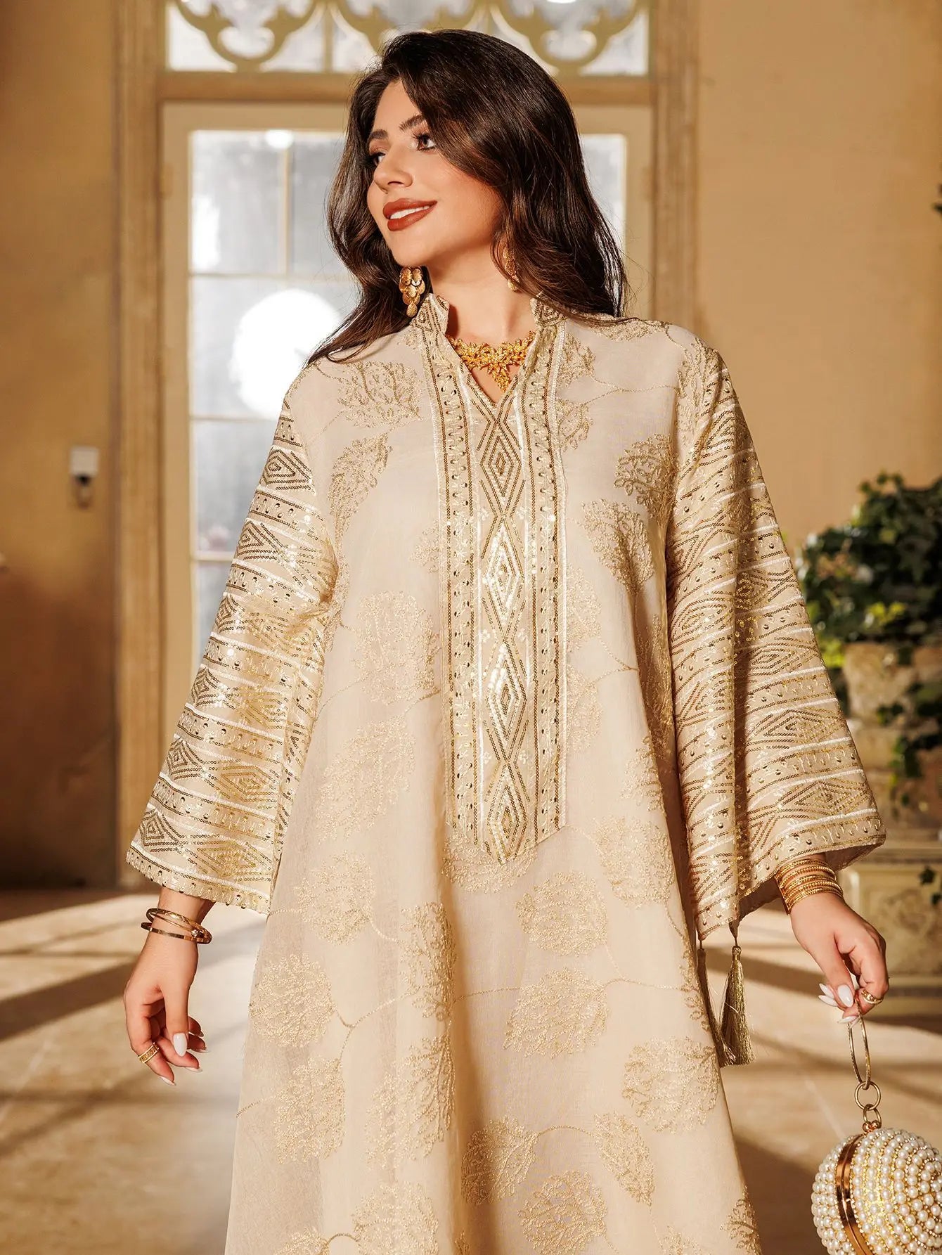 Muslim Women's Beige Islamic Embroidered Abaya with Gold Detailing Ideal for Formal Occasions in Middle East like UAE and Saudi - Meesal