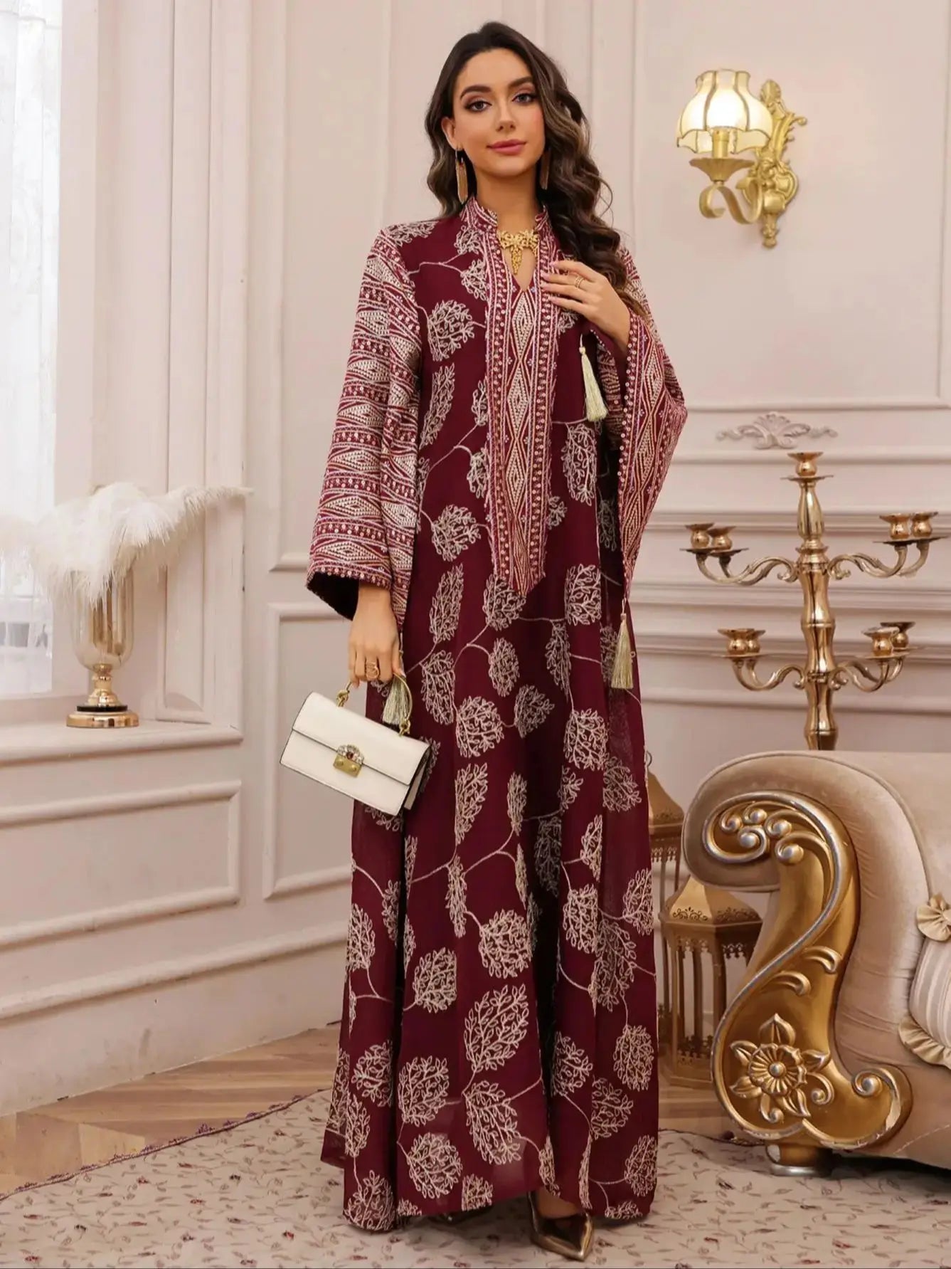 Muslim Women's Beige Islamic Embroidered Abaya with Gold Detailing Ideal for Formal Occasions in Middle East like UAE and Saudi - Meesal