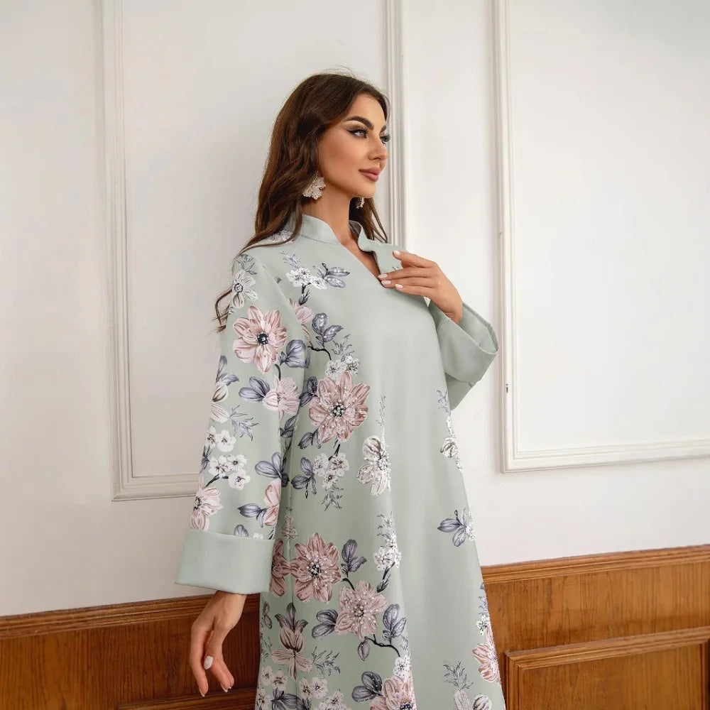 Floral Print Beaded Arabic Dress - Meesal