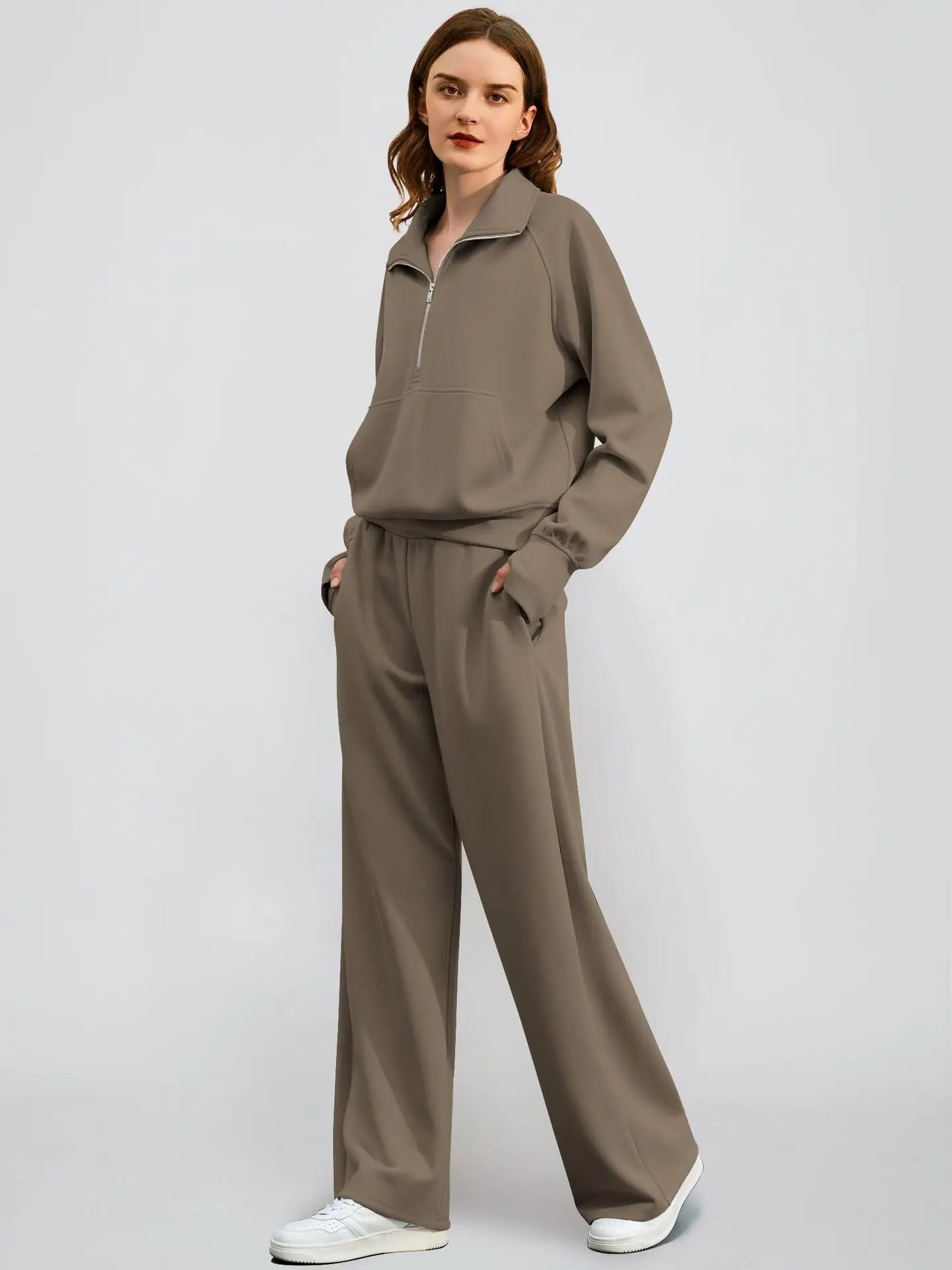 Woman Solid Color Half Zip Long Sleeve Sweatshirt and Wide Leg Pants Set Casual Sporty Two Piece Outfit