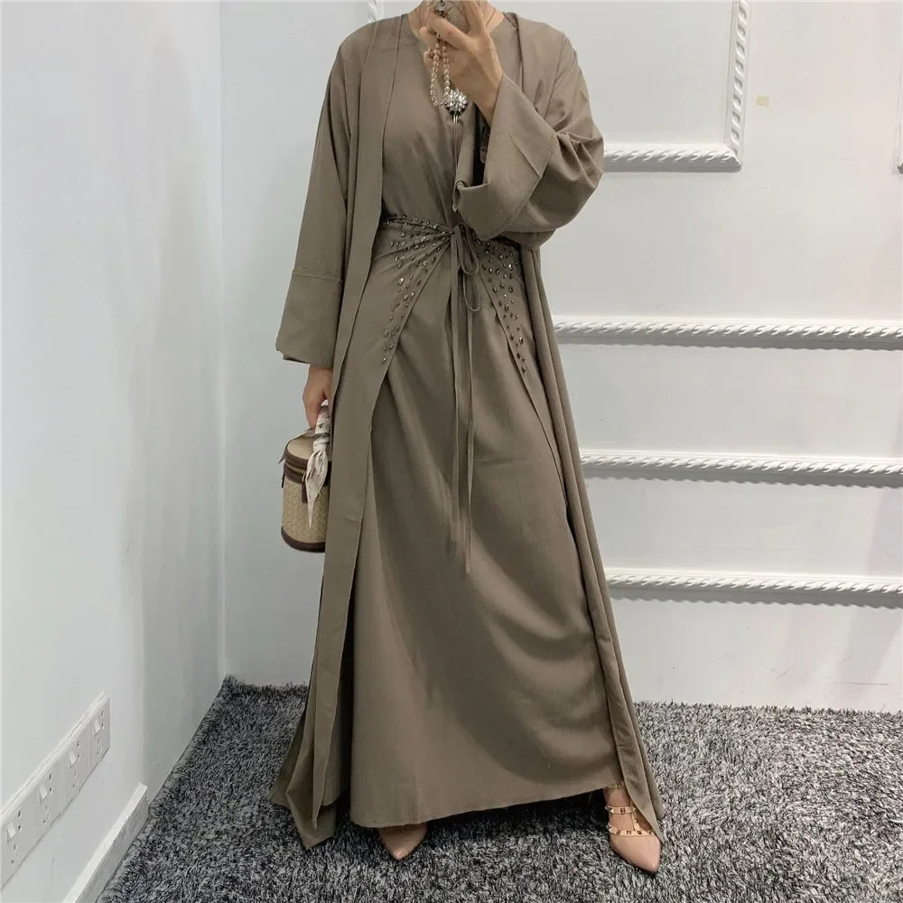 Eid Ramadan Muslim Arabic Abaya Islamic Women 3pcs/4pcs Suits Beads Open Kimono+Wrap+Dress Middle East Dubai Kaftan Turkey Sets - Meesal