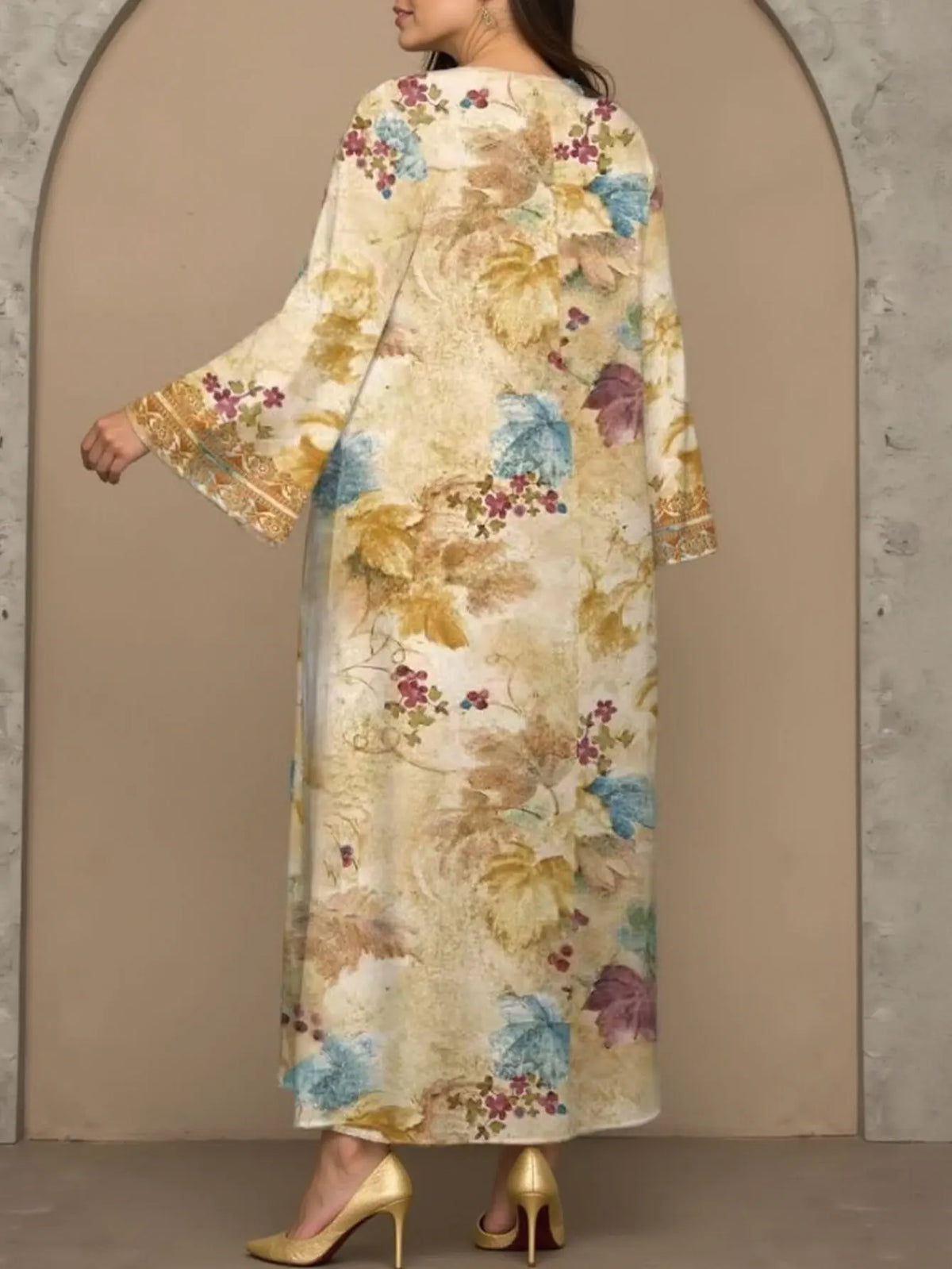 Muslim Diamonds Pressed 2025 New Arrivals Pure Silk Long Sleeve Flower Printing Vintage Casual High Quality Women Midi Dress - Meesal