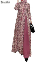 ZANZEA Women Vintage Floral Printed Patchwork Sundress Fashion Long Sleeve Muslim Dress Robe Femme Abaya Hijab Dresses Islamic - Meesal