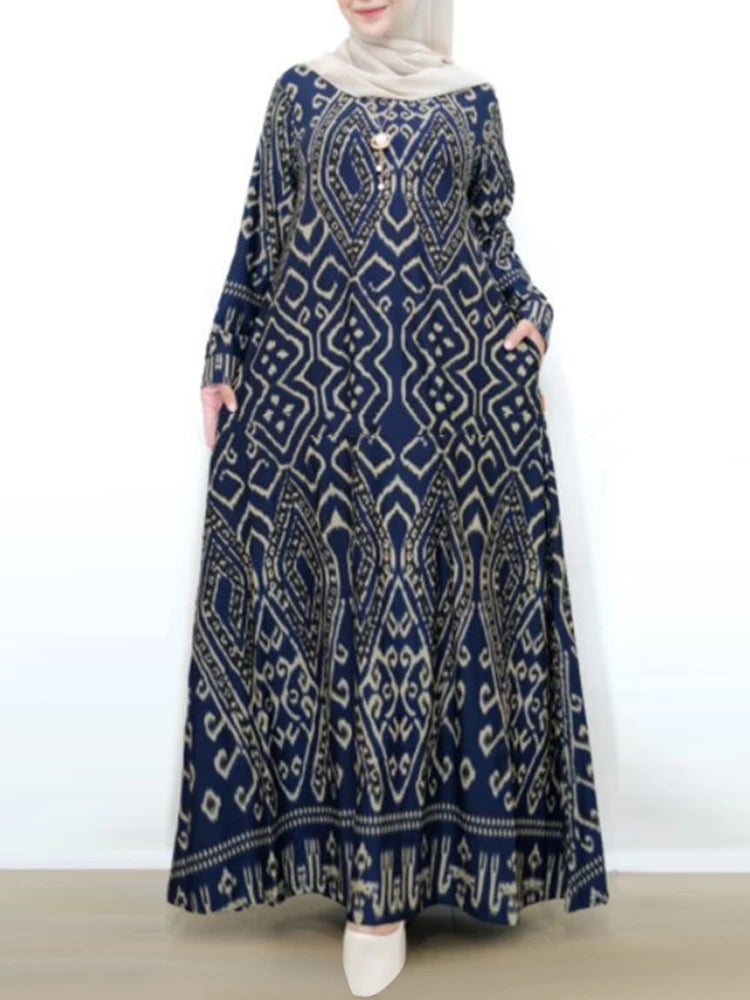 ZANZEA Women Spring Muslim Abaya Maxi Long Dress Vintage Long Sleeve Floral Printed Sundress Robe Femme Turkey Hijab Vestido - Meesal
