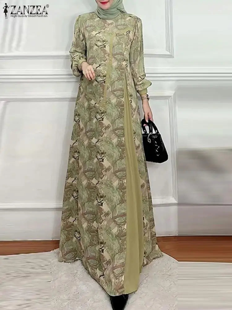 ZANZEA Women Vintage Floral Printed Patchwork Sundress Fashion Long Sleeve Muslim Dress Robe Femme Abaya Hijab Dresses Islamic - Meesal
