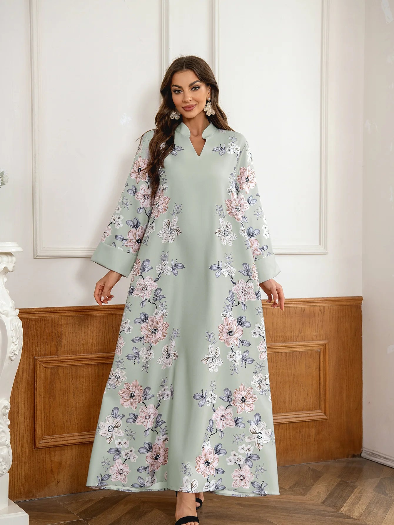 Floral Print Beaded Arabic Dress - Meesal