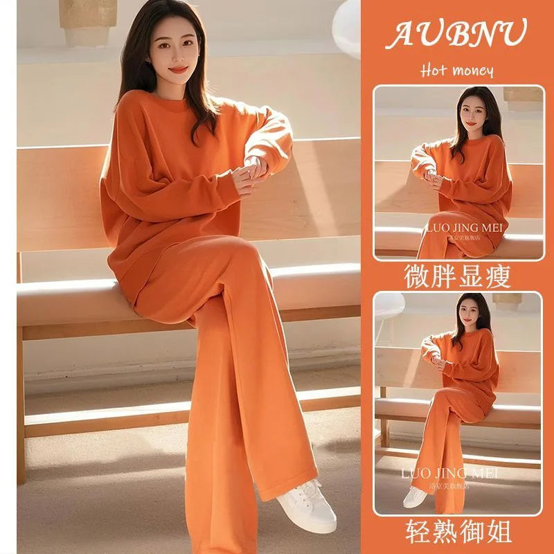 Fashion and Casual Women's Set Spring and Autumn Korean Round Neck Top Casual Wide Leg Pants Two-piece Set for Women