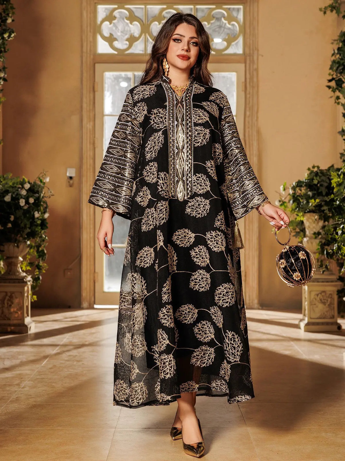 Muslim Women's Beige Islamic Embroidered Abaya with Gold Detailing Ideal for Formal Occasions in Middle East like UAE and Saudi - Meesal