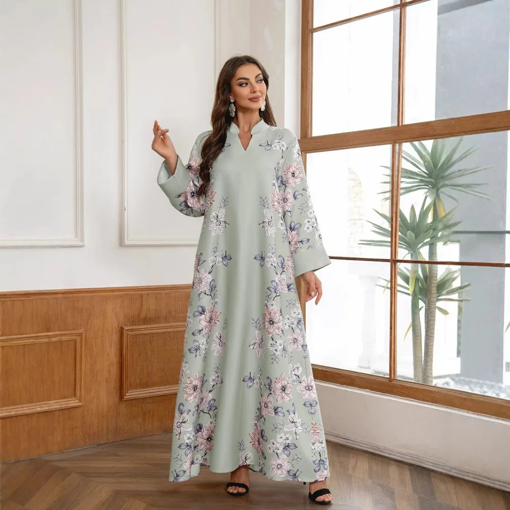 Floral Print Beaded Arabic Dress - Meesal
