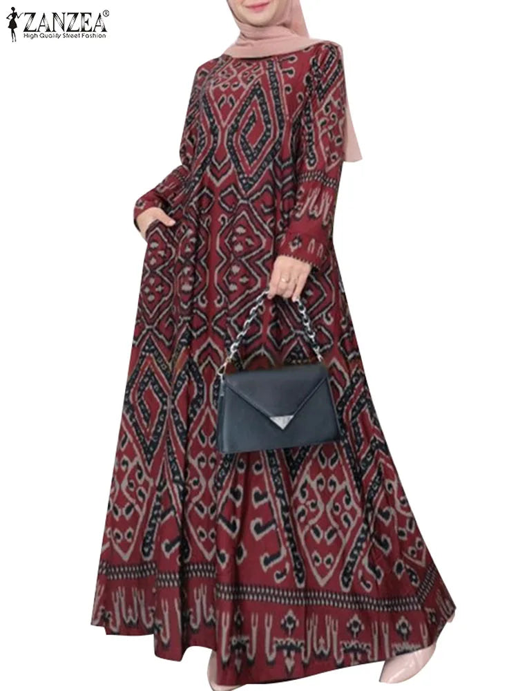 ZANZEA Women Spring Muslim Abaya Maxi Long Dress Vintage Long Sleeve Floral Printed Sundress Robe Femme Turkey Hijab Vestido - Meesal