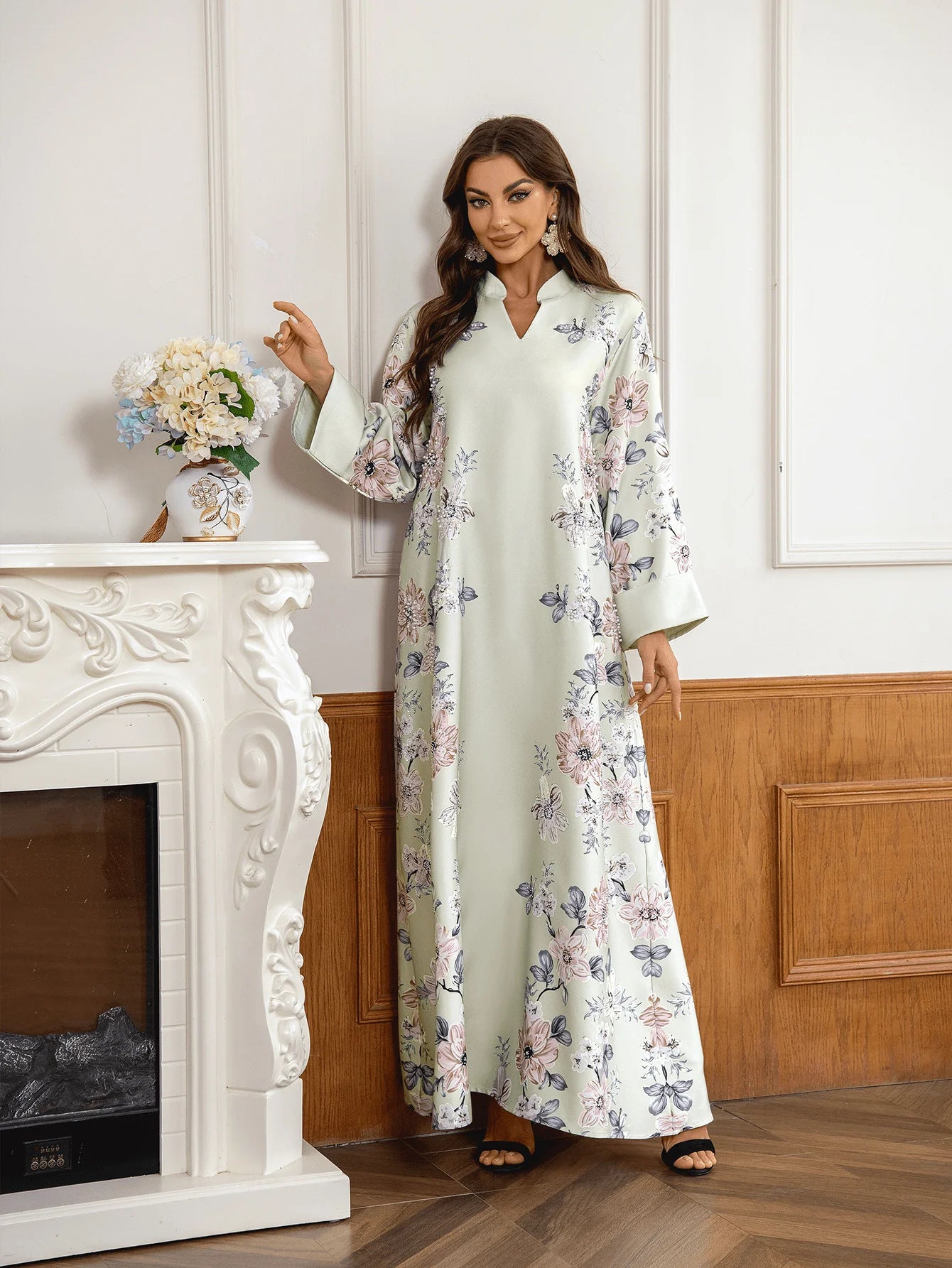 Floral Print Beaded Arabic Dress - Meesal