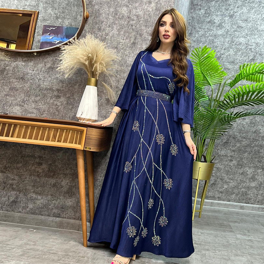 Muslim Leaves Pattern Rhinestone Belt Dubai Robe Gown - Meesal