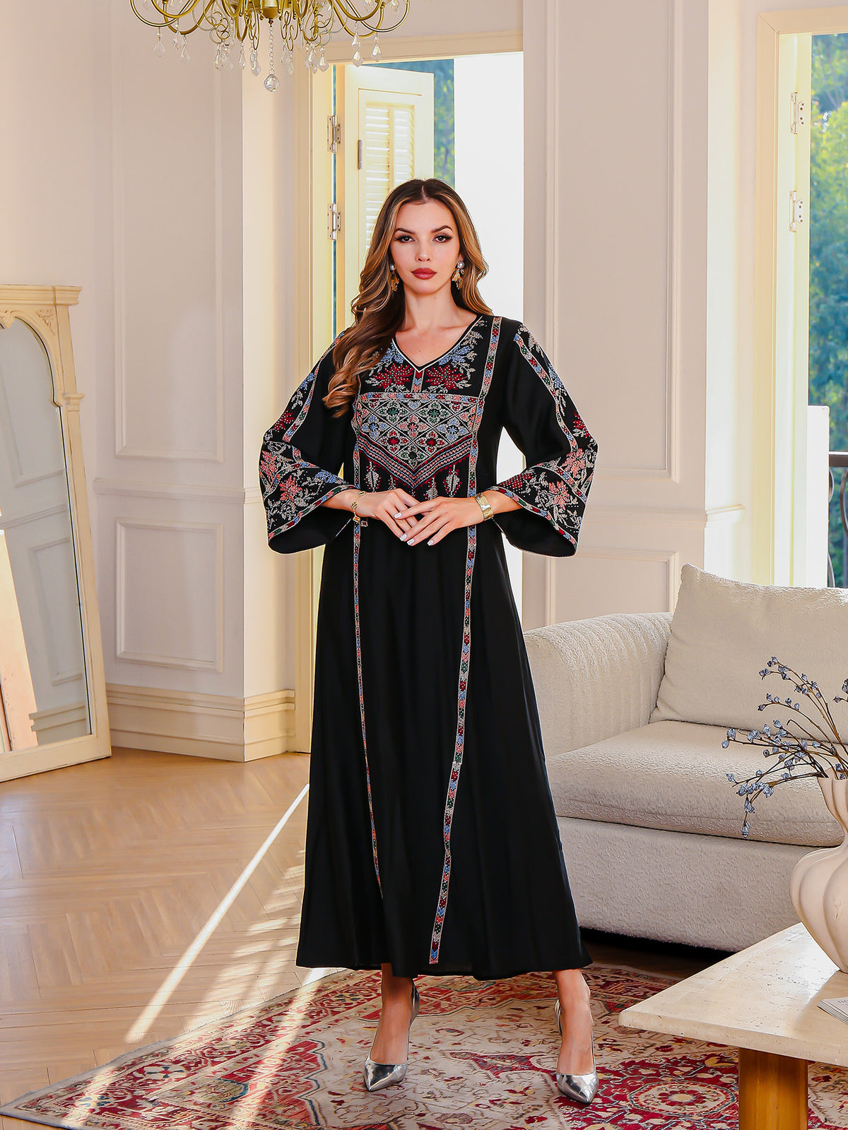 Women's Embroidery Stick-on Crystals Dress Middle East Clothing - Meesal