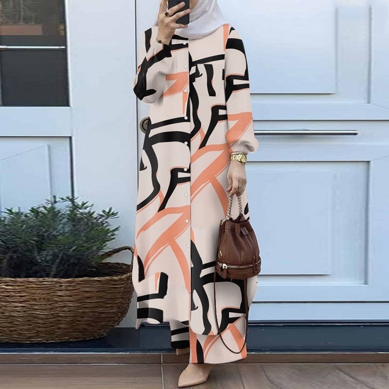 Muslim Suit Two-piece Spring And Autumn Clothing Retro Long Shirt Wide Leg Pants Suit - Meesal