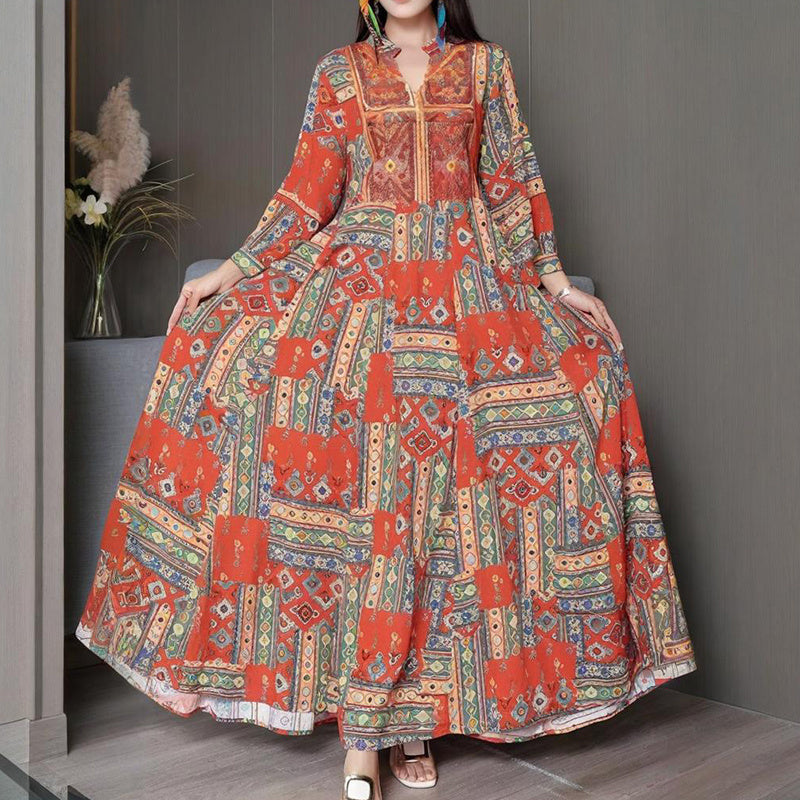 Women's Middle Eastern Style Long Sleeve Dress - Geometric Print V-Neck Embroidered Maxi Dress Boho Vacation Dress - Meesal