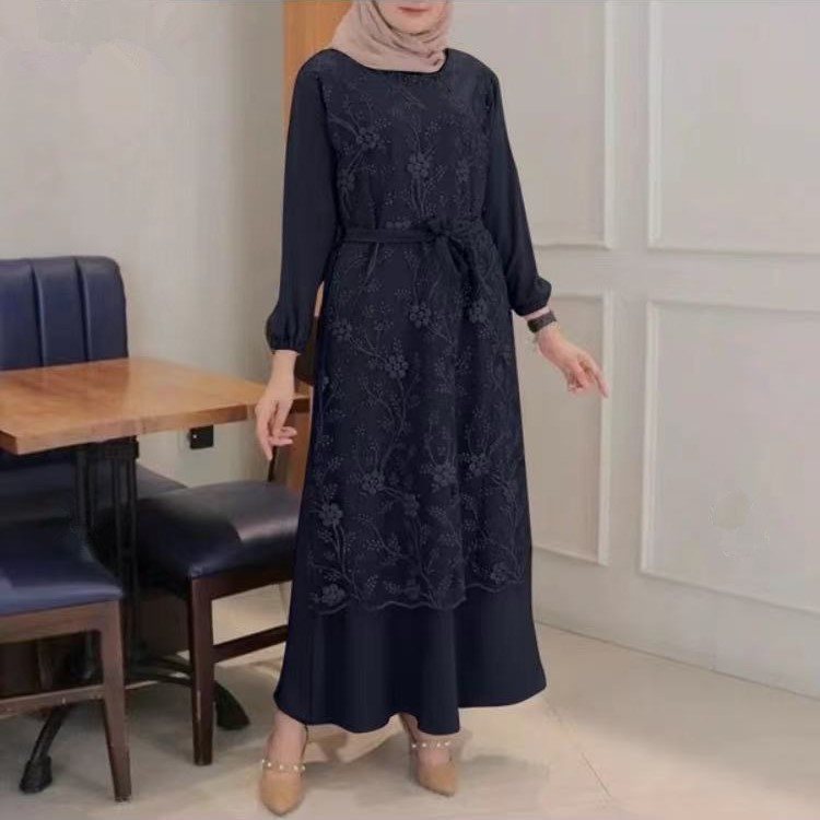 Muslim Round Neck Lace Floral Dress - Meesal