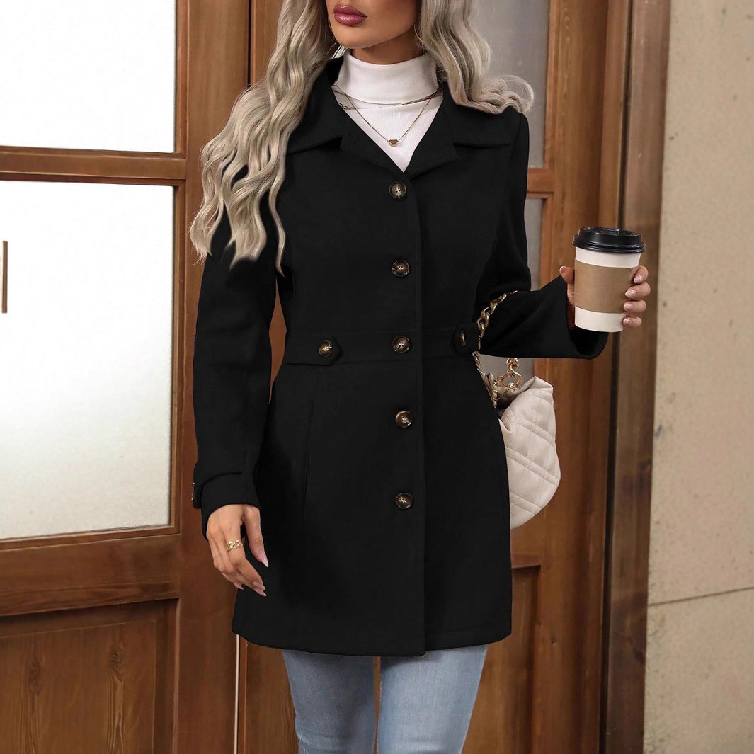 Mid-length Elegant Lapel Button Temperament Slim-fit Woolen Coat - Meesal
