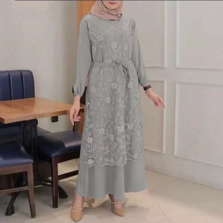 Muslim Round Neck Lace Floral Dress - Meesal