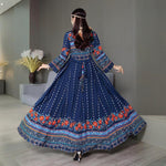 Women's Ethnic Style V-Neck Long Sleeve Dress - Embroidered Floral Pattern A-Line Maxi Dress With Printed Hem Middle Eastern Inspired Fashion - Meesal