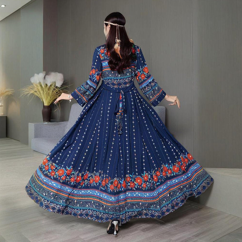 Women's Ethnic Style V-Neck Long Sleeve Dress - Embroidered Floral Pattern A-Line Maxi Dress With Printed Hem Middle Eastern Inspired Fashion - Meesal