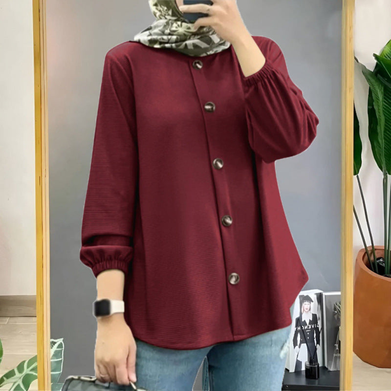 Muslim Ice Silk Wrinkle Stand-up Collar Literary Vintage Cardigan Loose Shirt Women - Meesal