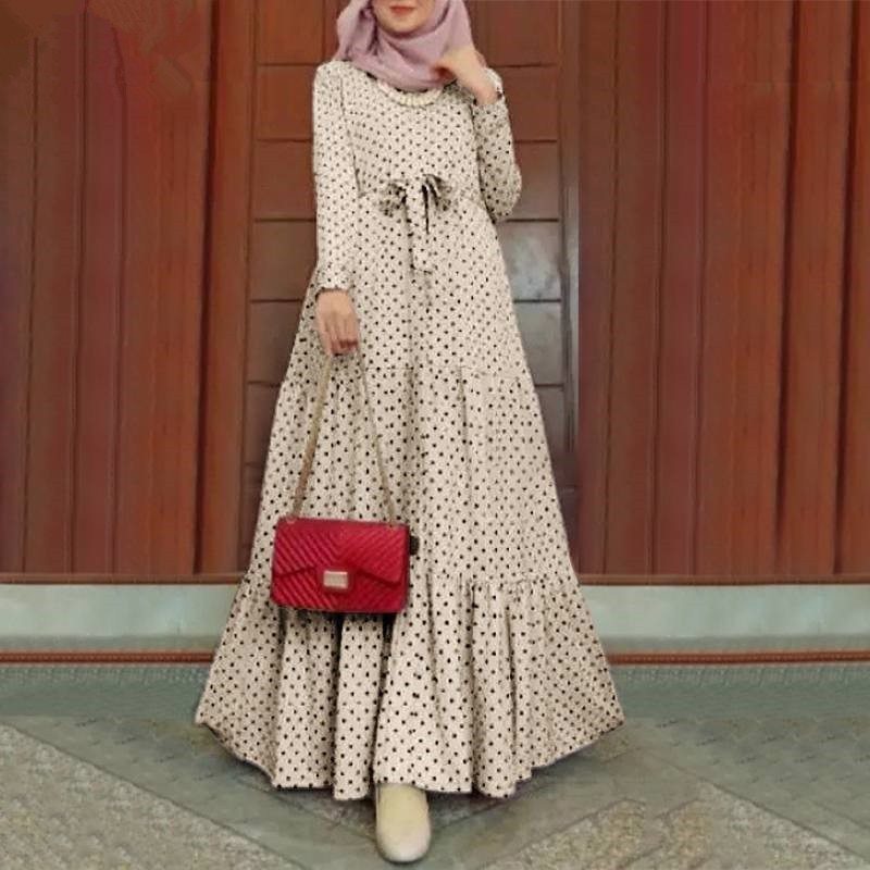 Women Polka Dot Long Sleeve Dress Stylish Belts Party Robe - Meesal