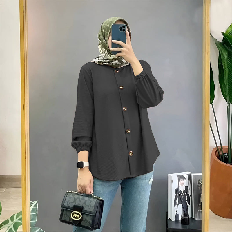 Muslim Ice Silk Wrinkle Stand-up Collar Literary Vintage Cardigan Loose Shirt Women - Meesal