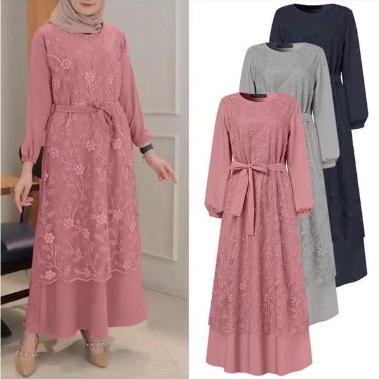Muslim Round Neck Lace Floral Dress - Meesal