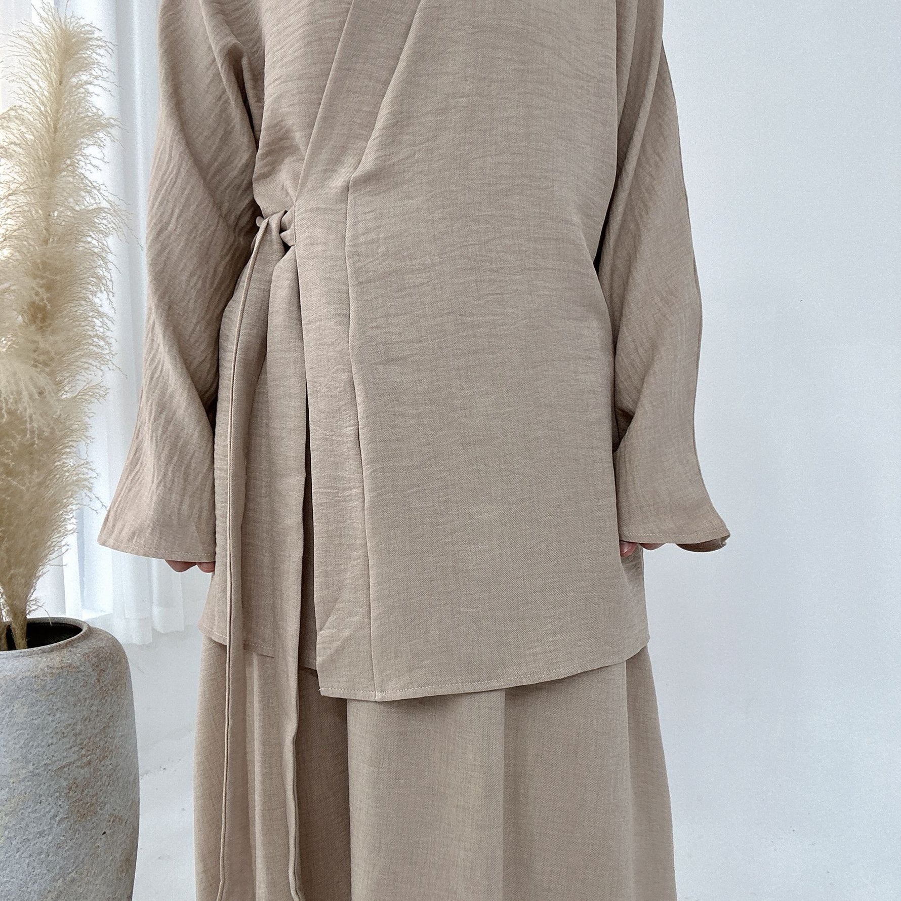 Solid Color Casual Lace Up Middle East Dubai Top And Skirt Suit - Meesal