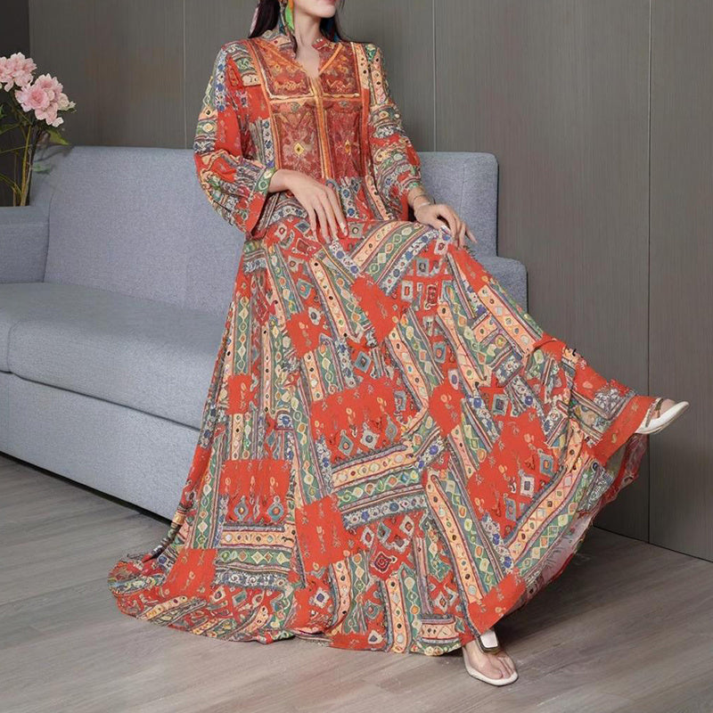Women's Middle Eastern Style Long Sleeve Dress - Geometric Print V-Neck Embroidered Maxi Dress Boho Vacation Dress - Meesal