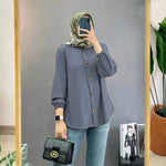 Muslim Ice Silk Wrinkle Stand-up Collar Literary Vintage Cardigan Loose Shirt Women - Meesal