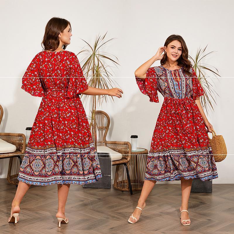 Fat Women Dresses Summer V Neck Print Beach Dress - Meesal