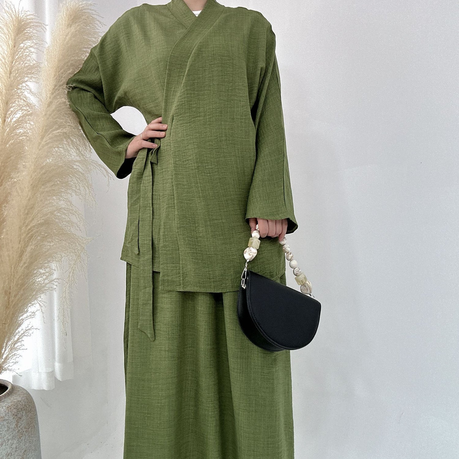 Solid Color Casual Lace Up Middle East Dubai Top And Skirt Suit - Meesal